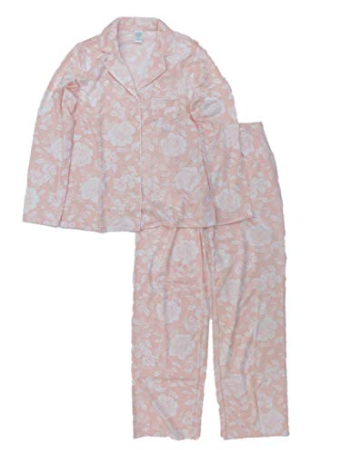 Womens Peach Floral Rose Cotton Blend Pajamas Button Front Sleepwear Set X-Large
