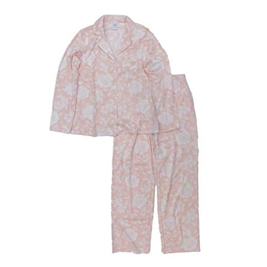 Adonna Womens Peach Floral Rose Cotton Blend Pajamas Button Front Sleepwear Set Large