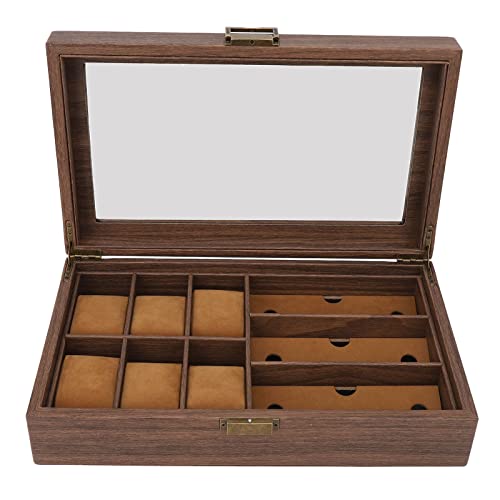 REYXVQS Holz-Uhrenbox, Uhrenbox-Organizer mit herausnehmbarem Stab, staubdichte und wasserdichte Retro-Aufbewahrungsbox in Holzoptik für Uhren und Brillen, Innenraum aus PU-Leder mit