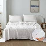 Picture of Simple&Opulence 100% French Linen Sheet Set Handmade Hemstitch-4 Pcs Natural Flax Farmhouse Bed Sheets(1 Flat Sheet 1 Fitted Sheet 2 Pillowcases)-Solid Color Soft Breathable Bedding-White, Queen