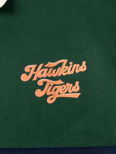 Image of The Souled Store Stranger Things: Hawkins High Men and Boys Long Sleeve Spread Collar Dark Green Graphic Printed Casual Lightweight Drop Shoulder Streetwear Cotton Oversized Polos