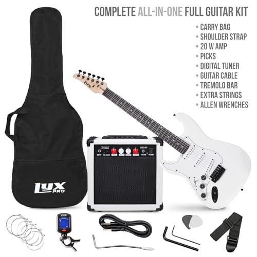 Image of LyxPro Left Hand 39 Inch Electric Guitar and Starter Kit for Lefty Full Size Beginner's Guitar, Amp, Six Strings, Two Picks, Shoulder Strap, Digital Clip On Tuner, Guitar Cable and Soft Case - White