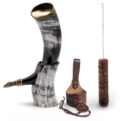 Norse Tradesman Genuine 12" Ox-Horn Viking Drinking Horn with Antique Brass Rim & Wolf Tip, Brown Leather Belt Holster, Fitted Horn Stand & Burlap Gift Sack - The Fenrir, 12-Inches, High Polish…