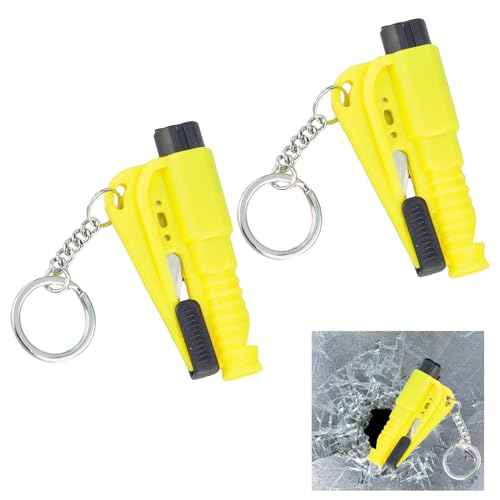 Rumgug Paquete de 2 Herramienta de Escape de Emergencia para Coche - Llavero - Martillo Rompecristales de Emergencia, Cortador de Cinturón de Seguridad 3 en 1 (Yellow)