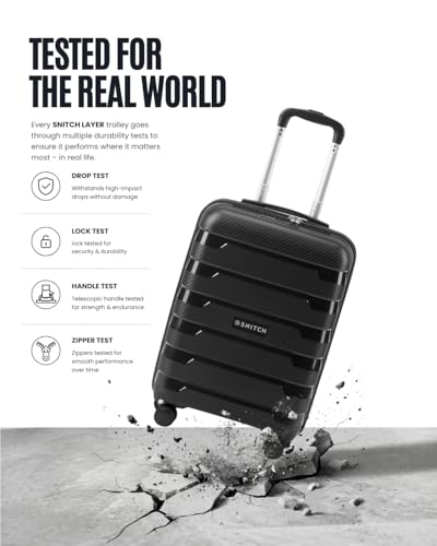Image of SNITCH Layer Cabin Size Black Polypropylene Hard Travel Suitcase - Trolley Bag Small & Luggage with 8 Wheels, Premium Lock, Wet & Dry Pouch & Free Shoe Bag