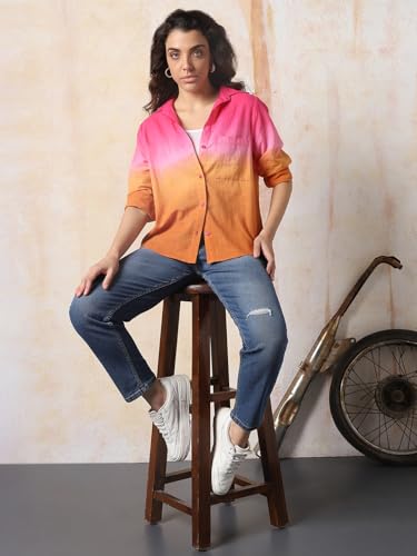 Image of HIGH Star Oversized Ombre-Dyed Cotton Shirt for Women | Stylish Tops for Women | Comfortable and Trendy Casual Shirt