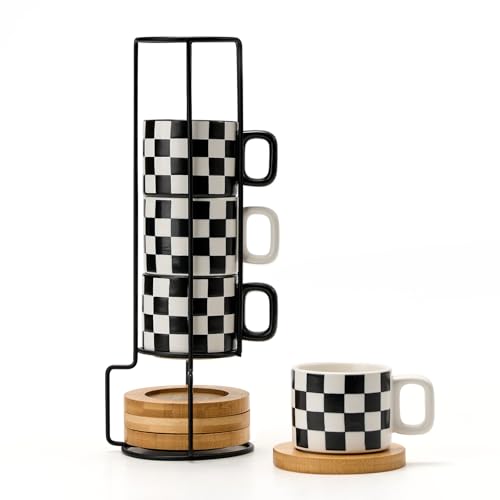 LUKA Stackable Black and White Checkered Ceramic Espresso Cups with Saucers and Metal Stand - 4 Ounce Demitasse Set for Coffee, Latte, Tea - Set of 4