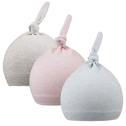Newborn Beanie Organic Cotton Baby Boy Girl Hospital Hat Soft No Scratch Mittens for Infant 0-4Months (Adjustable Knot:Pink&Blue&Grey)