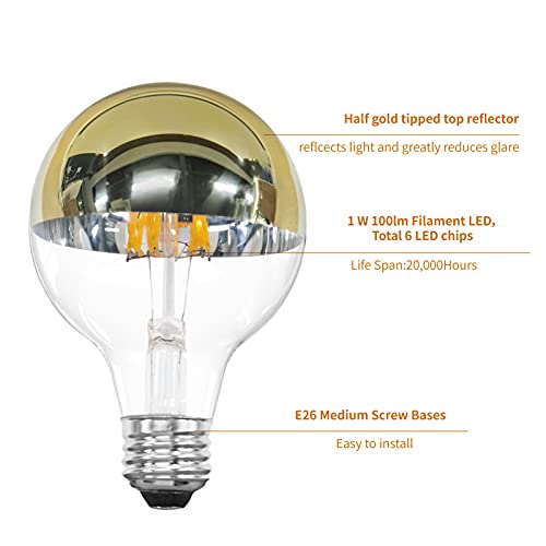 Meconard Half Chrome Light Bulb G80/G25 Led Filament Vintage Edison Bulb With Half Gold Reflector, 6 Watt Equivalent 60Watt, E26 Regular Base, Soft White 2700K, 4 Pack #TOP2