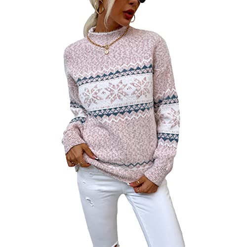 JUNBOON Women's Crewneck Long Sleeve Christmas Snowflake Holiday Pullover Sweater Jumper