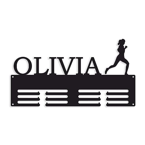 Porta medallas con nombre personalizado, 1 figura de mujer corriendo, Metal soporte para medallas de running, Medallero colgador metálico, Atletas, Deportistas, Correr, Running Medal Holder (Design 3)