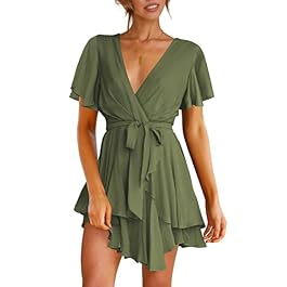 Cosonsen Women’s Dress Deep V-Neck Long Sleeve Waist Tie Ruffle Mini Swing Skater Dresses