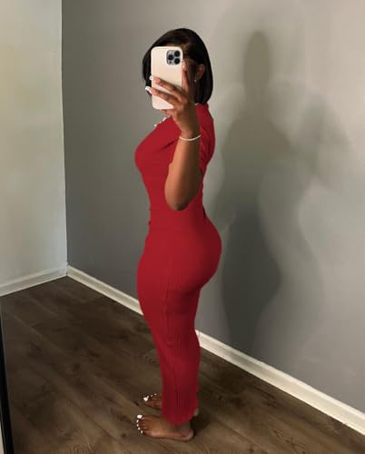 Image of Women's Casual Short Sleeve Dress T Shirt Bodycon Dresses Ribbed V Neck Maxi Sundress Basic Party Club Dress with Pocket