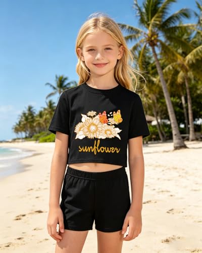 Image of DDSOL Girls Crop Tops Summer Palm Tree Sunset Beach Shirt Hawaii Short Sleeve Tropical Tshirts for Teen Girl 6-14 Years