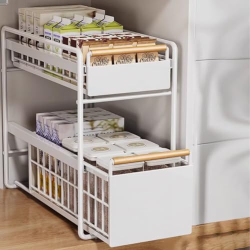 シンク下 スライドラック シンク下収納 スライド引き出し収納ラック 2段 キッチン バス リビング対応 組立不要 8ローラー 大容量 省スペース 隙間収納 高さ調整 カーボンスチール製 耐荷重 防錆 ホワイト/ブラック 小サイズ