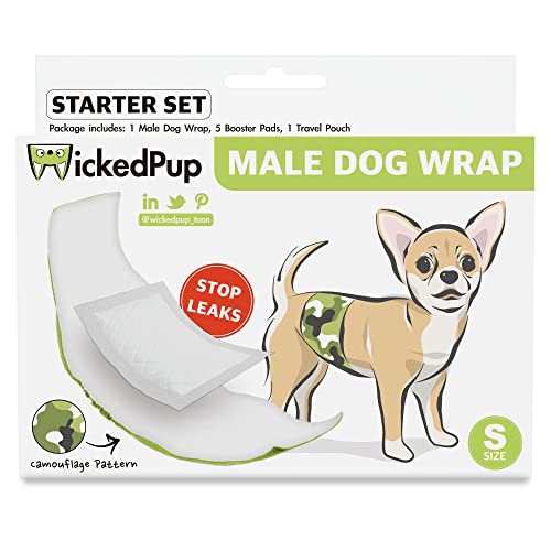 Wickedpup Washable Male Dog Wrap (1 Pack) With Disposable Pet Diaper Liners (5 Count), Puppy Training Treat Bag (1 Pouch) | Reusable Belly Band Plus Booster Pads, Cloth Doggie Travel Pocket #TOP7
