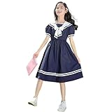 [Banlan] ワンピース 子供服 女の子 少女 半袖 パフスリーブ セーラー ドレス ロングワンピース 夏 ガールズ リボン ライン オシャレ 学園風 可愛い 通園 通学 入学式 卒業式 110-170cm (JP, 身長, 140, ネイビー)