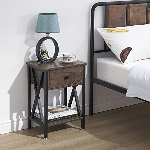 Vecelo Vintage, End Side Table With Drawer And Shelf, Home Decoration For Living Room Bedroom, X-Shape Legs And Water-Proof Surface, Gray, Nightstand (Set Of 2) #TOP4