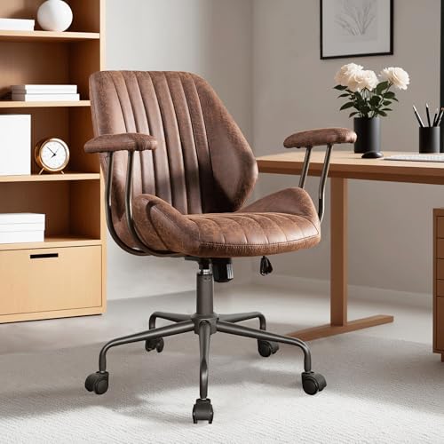 Image of ovios Ergonomic Office Chair, Mid Back Faux Leather Executive Chairs with Armrests, Comfy Mid-Century Modern Swivel Rolling Computer Armchair (Dark Brown, Suede Leather)