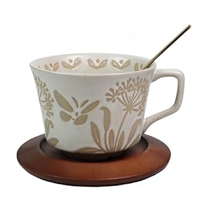 Vintage 12 oz Porcelain Teacup with Wooden Saucer and Spoon Ceramic Coffee Mug for Hot Drinks