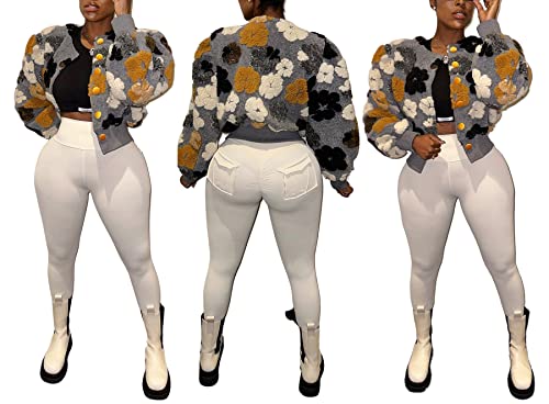 Lucuna Women's Fuzzy Fleece 3D Floral Button Down Crew Neck Loose Fluffy Bomber Jacket Coat Outerwear #TOP3