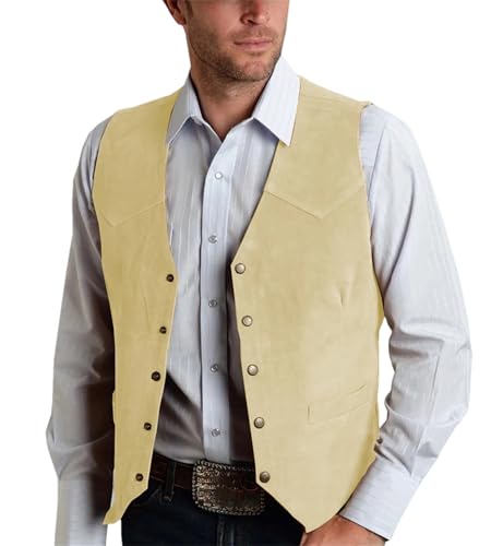 Mnjyihy Men Vintage Western Cowboy Suit Vest Solid Suede Leather V Neck Business Slim Banquet Wedding Waistcoat