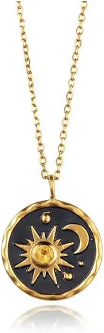 Bohemian Sun Moon Necklace for Women Vintage Gold Silver Sun Moon Star Pendant Necklace Unique Round Coin Necklace Boho Crystal Sunlight Necklace Christmas Birthday Jewelry