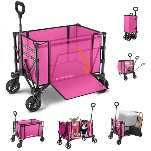 3 in 1 Collapsible Wagon Converts to Bench, 220lbs Foldable Wagon Cart with Wheels, 120L Shopping Cart for Groceries Folding Utility Wagon for Beach, Garden, Camping, Sport, Wheelbarrows, Pink