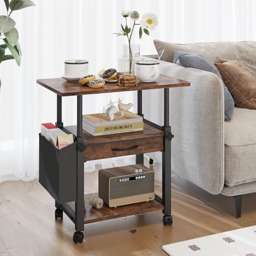 YAOHUOO Large Printer Stand with Storage Drawer and Side Bag, 3-Tier Height Adjustable Table for Home Office, Fits Heat Press/Laser/3D Printer (Rustic Brown) - Thumbnail 6