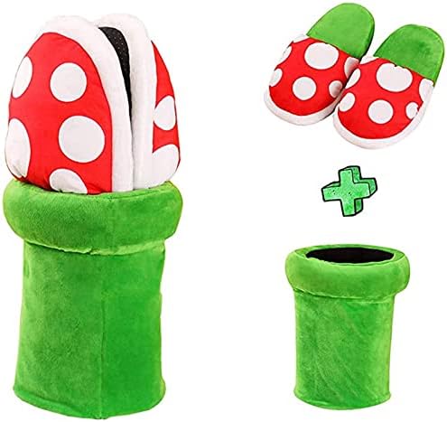 Piranha Plants Plush Funny Slippers Cannibal Flower Shape Cosplay Shoes/Dot Pattern Slippers Loafer with Pipe Pot Holder for Adults Teens Women and Men Home Shoes Xmas Gifts