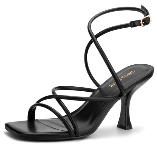 Carcuume Women's Square Toe Strappy Lace Up Heeled Sandals Ankle Buckle Kitten Heel,GINAS-BLACK PU-7