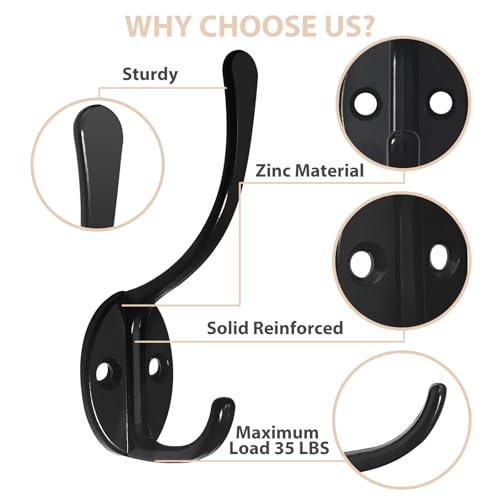 14 Pack Coat Hooks Wall Mounted with 28 Screws, Heavy Duty Black Towel Hooks Metal Double Hooks, No Rust Retro Rustic Wall Hooks for Hanging Towel, Coat, Scarf, Bag, Hat, Cup, Key - Image 4