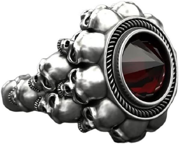 Skull Ring for Men, Gothic Demon Skull Head Ring, Birthstone Death Skull Skeleton Ring, Punk Rock Gemstone Skull Ring, Hip Hop Halloween Skull Biker Ring