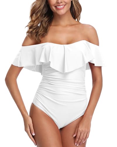 ZINPRETTY Traje de baño Retro de una Pieza para Mujer, con Control de Abdomen, Hombros Descubiertos, Monokini con Volantes, Bañador Blanco, XL
