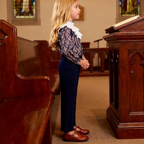 Bienzoe Girls School Uniform Pant: Kids Adjustable Waist Durable Straight Leg Dress Trouser Navy 6X