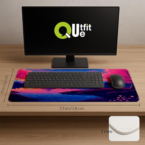 Image of Printed Gaming Mousepad - Premium Stitched Edges, Smooth Surface,Size 11x23 inches, Non-Slip Rubber Base - Ideal for Office & Gaming Setup (Anime Tranquil Sakura Lake)