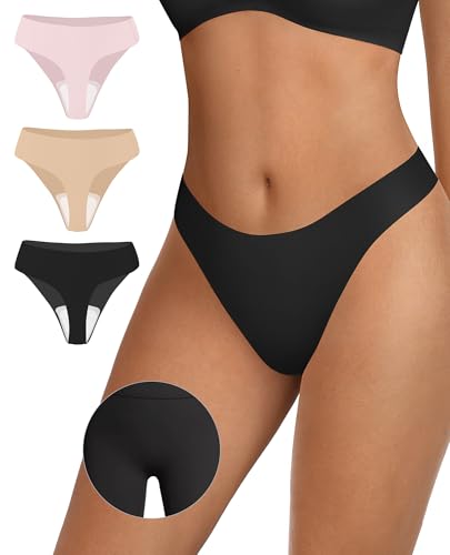 Image of OEAK Seamless Thongs for Women Invisible Thongs No Show Thong Panty Liners Tangas Comfortable Workout G-Strings Underwear Black+Skin Nude+Peach S