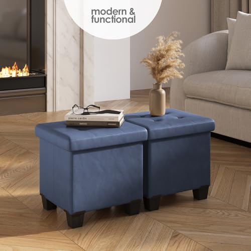 Storage Ottoman Cube with Small Bin, 15-in Square Ottoman with Storage for Living Room and Bedroom, Small Ottomans Foot Rest, Leather Foot Stools Ottomans Max 330lbs, Blue by STORAGEBUD - Used condition - Image 3