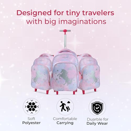 Image of NOVEX Unicorn Kids Backpack Trolley | 18 Inch Baby Pink School Bag with 2 Wheels | Cute Girls Travel Spinner Luggage with 2 Compartments | Lightweight Easy-to-Carry Polyester - 52 cm