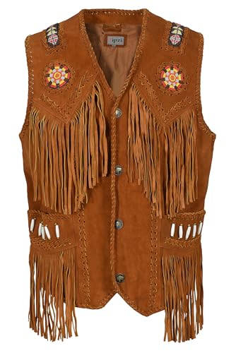 Image of Men's Western Cowhide Suede & Leather Vest - Beaded Fringe Yoke & Back Native-Inspired Cowboy Biker Vest