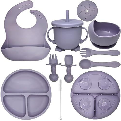 HippoBaby Baby Led Weaning Supplies | 10 Piece Silicone Feeding Set | Baby Toddler Bib Cup Divided Plate and Bowl Self Feeding Spoons Dish Set | Baby Utensils | Toddler Feeding Supplies (Lavender)