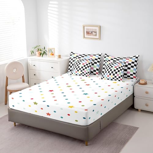 Image of Erosebridal Black White Checkered Kids Bedding Set King 7 Piece Colorful Checkerboard Grid Comforter Set with Sheets Funky Buffalo Plaid Bed in A Bag for Boys Girls Teen Groovy Gingham Bed Set