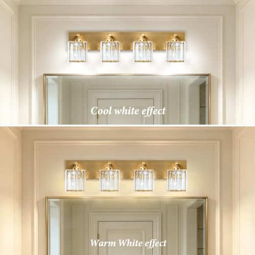 Image of Gold Crystal Bathroom Vanity Light, 4-Light Modern Bathroom Lighting Fixtures Over Mirror,Chrome Wall Sconce Light Fixtures with Square Shade