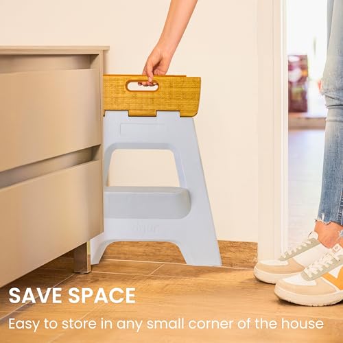 Image of Vigar Compact Folding Step Stool, 16 in 2 Step, Gray Bamboo Print | 16 in Foldable Stool, Lightweight Portable Design, Handle, Non Slip Surface, Space-Saving, Supports up to 330 lb
