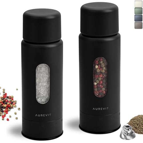 Aurevit Moulin a Poivre et Sel Manuel, Moulin Sel Poivre, Poivre avec Mécanisme en Acier Inoxydable, Sel avec Noyau Céramique, Réglage Externe 5 Niveaux, Rechargeable (Lot de 2, Black)