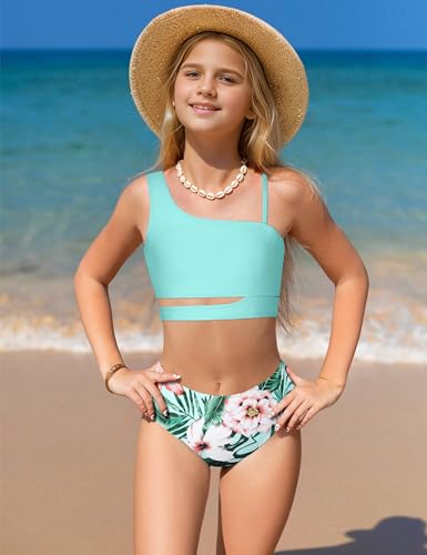 Image of Queenstyle Girls Swimsuits Bikini Set Kids Cutout Bathing Suit Bikini Top Two Piece Girls' Swimwear