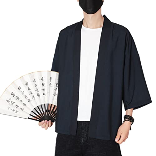 Men\'s Japanese Haori Jacket Kimono Noragi Cardigan 3/4 Sleeve Casual Happi Coat M1-Black Large