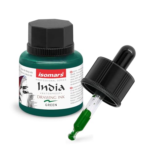 Image of Isomars Waterproof Drawing Ink with Dropper - 35ml | India Ink for Calligraphy, Art, Technical Drawing | Fade-Resistant & Quick-Drying (Green)
