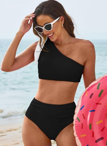 Herseas Womens Black Bikini Sets 2 Piece One Bow Shoulder Cutout Swimsuit Ruched High Waisted Teen Bathing Suit Medium thumb #2