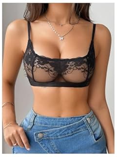 SOLY HUX Women's Floral Lace Bralettes Mesh See Through Strappy Wireless Bras Lingerie Plain Black Small